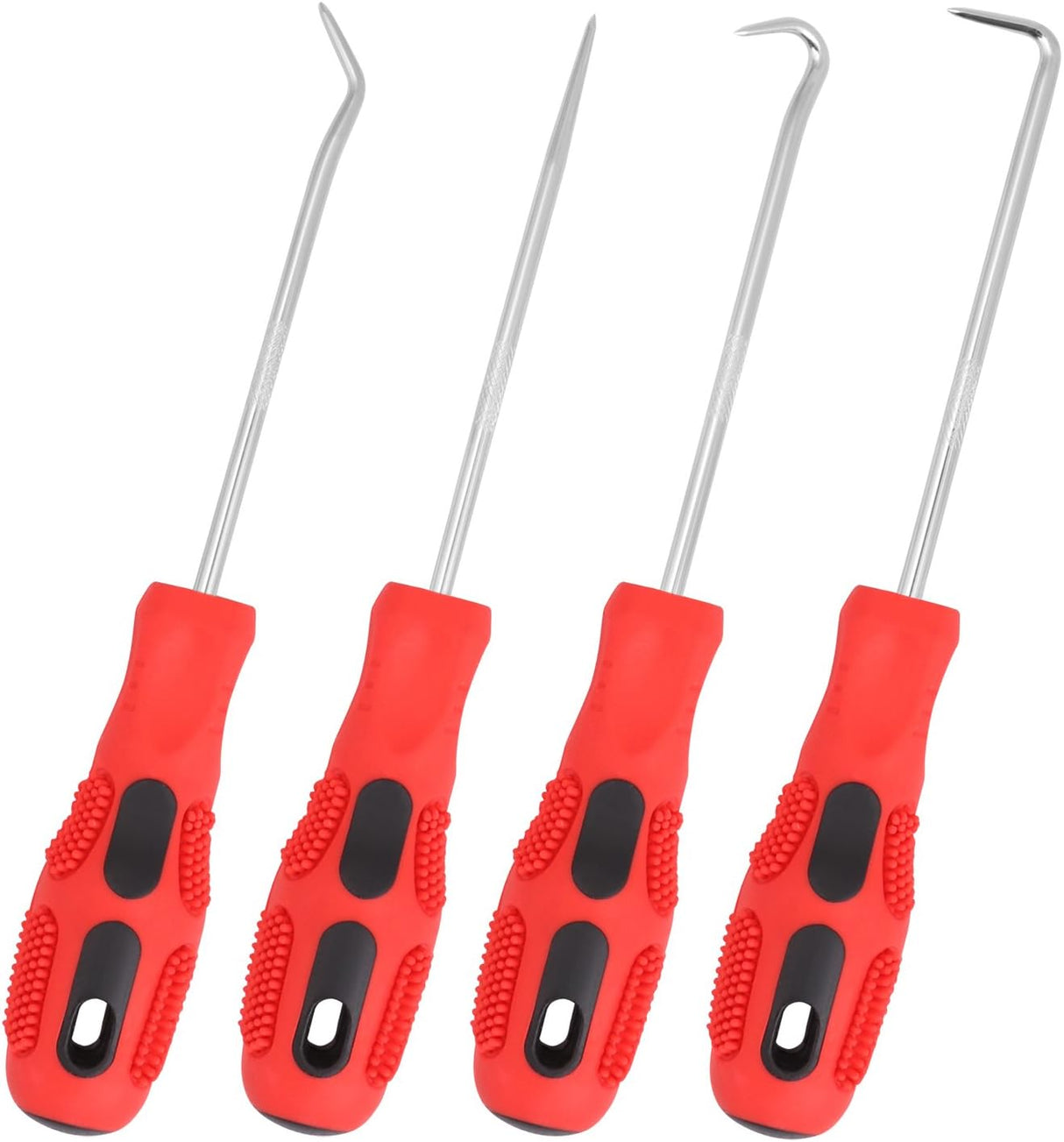 HORUSDY 4-piece mini pick and hook set with red anti-slip handles and zinc-plated chrome vanadium shafts for seal and O-ring removal