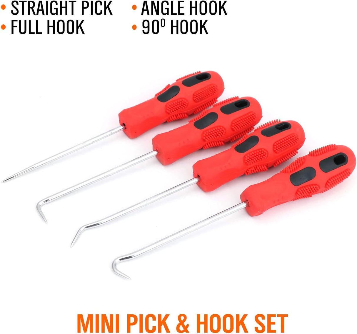 HORUSDY 4-piece mini pick and hook set with red anti-slip handles and zinc-plated chrome vanadium shafts for seal and O-ring removal