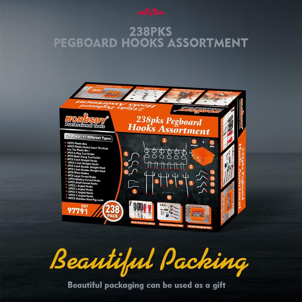 HORUSDY 238PCS Pegboard Hooks Assortment Kit for 1/4 & 1/8 Inch Boards, Peg Locks, Plastic Bins, Tool Storage Organizer