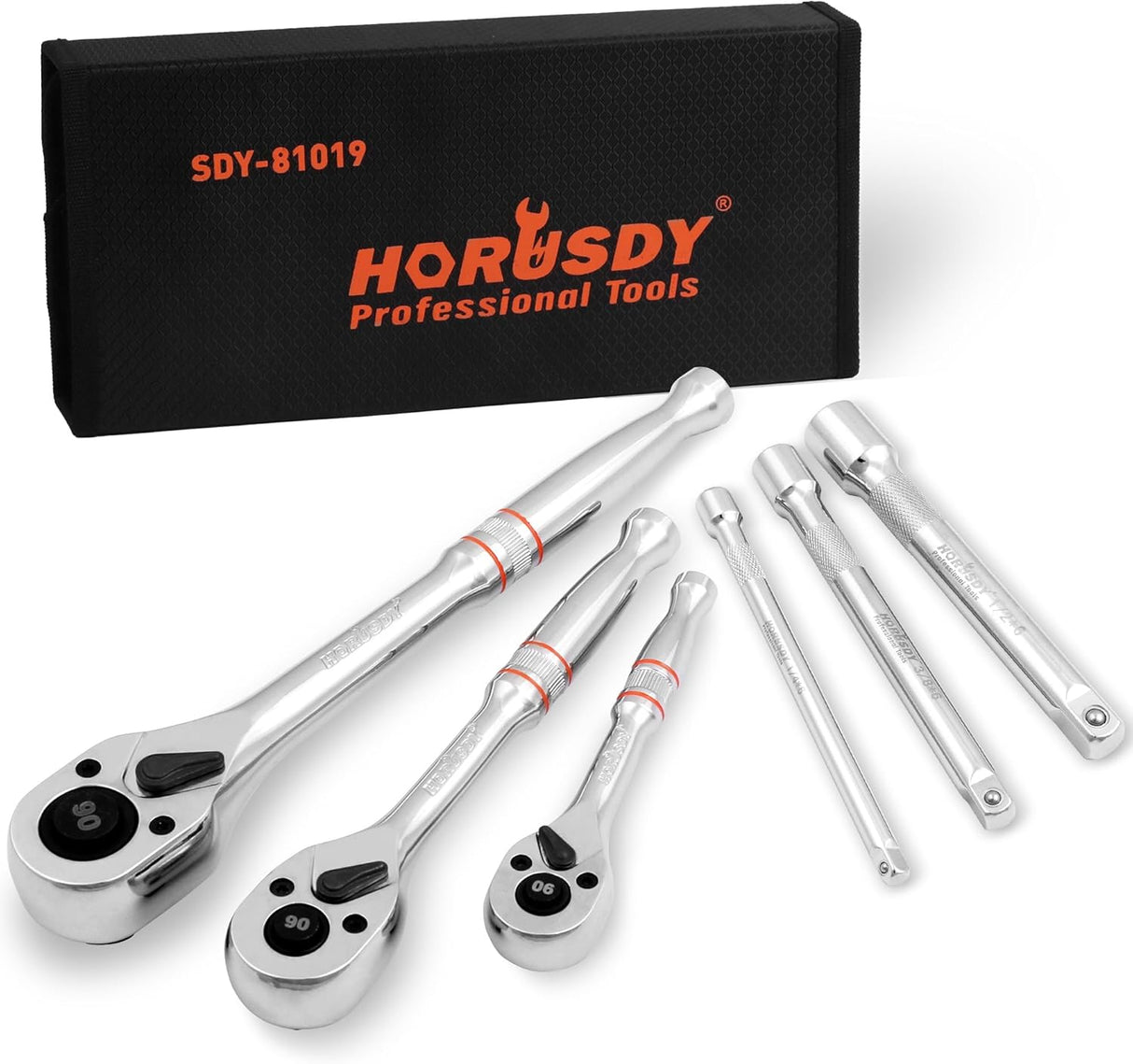 HORUSDY 6-piece ratchet and extension bar set with 90T quick release heads and tool roll storage