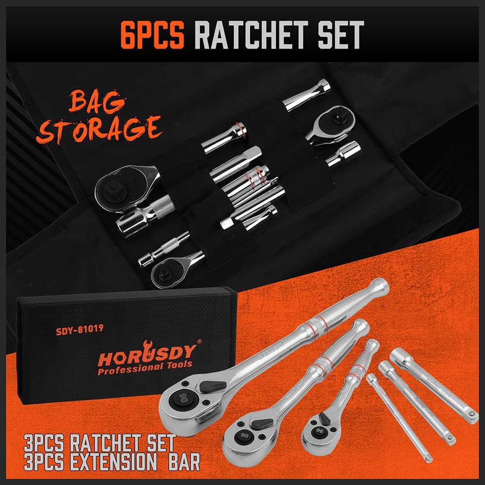 HORUSDY 3-Piece Ratchet Wrench Set, 1/4", 3/8", 1/2" Drive with Extension Bars, 90-Tooth Quick Release Reversible Ratchet Set with Tool Roll