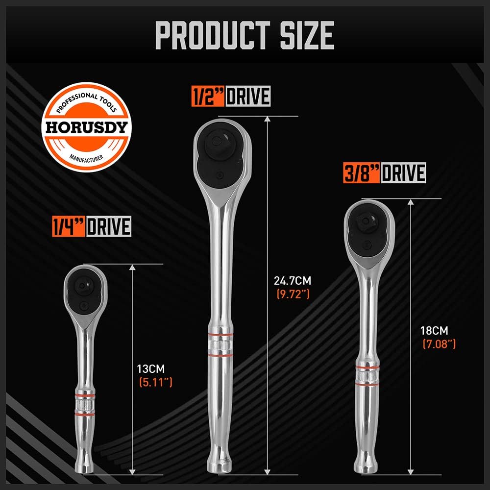 HORUSDY 6-piece ratchet and extension bar set with 90T quick release heads and tool roll storage