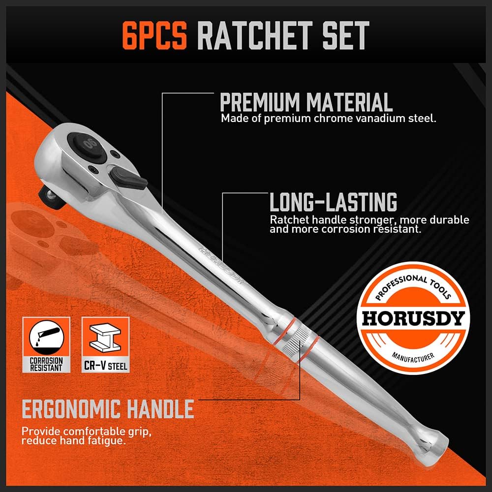 HORUSDY 6-piece ratchet and extension bar set with 90T quick release heads and tool roll storage