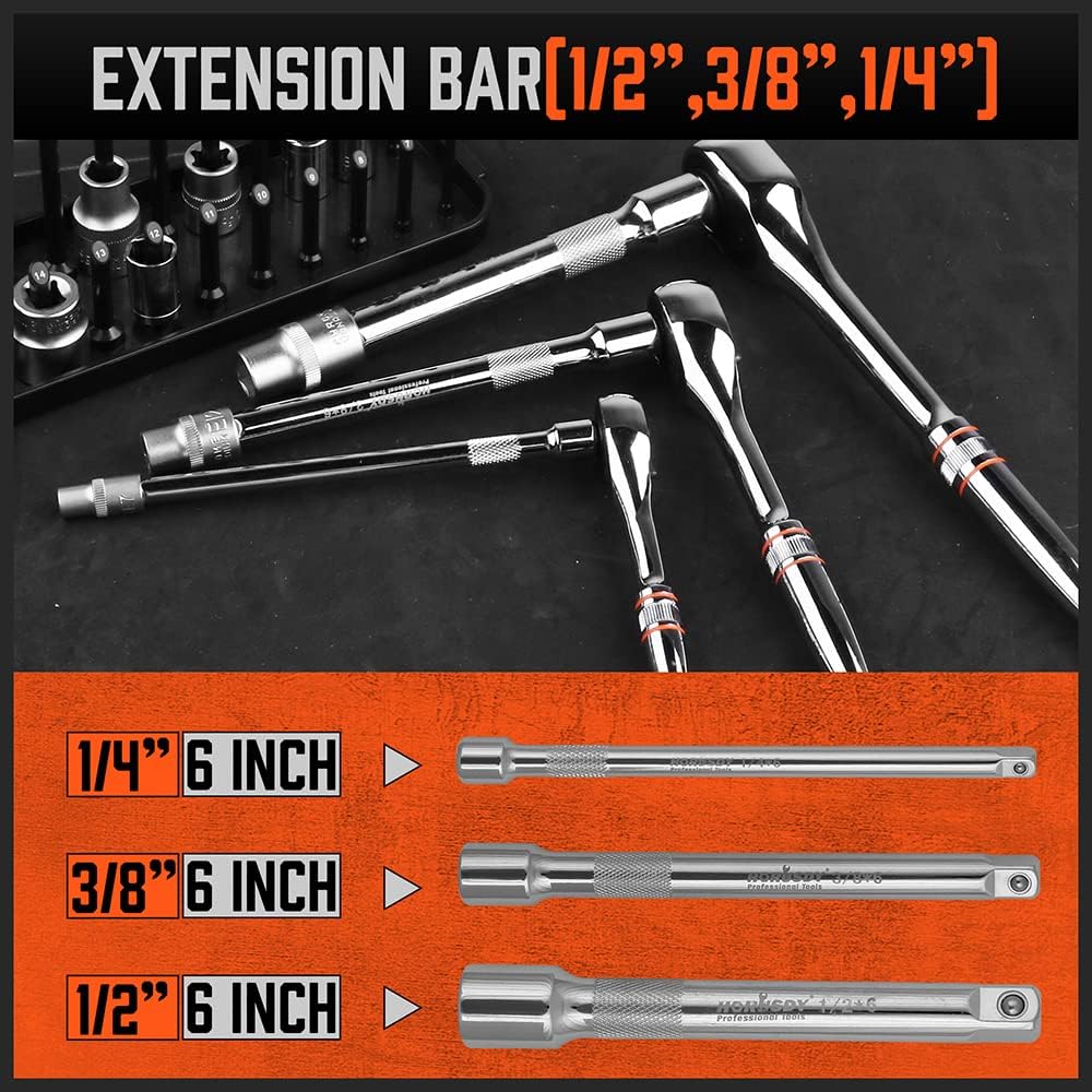 HORUSDY 6-piece ratchet and extension bar set with 90T quick release heads and tool roll storage