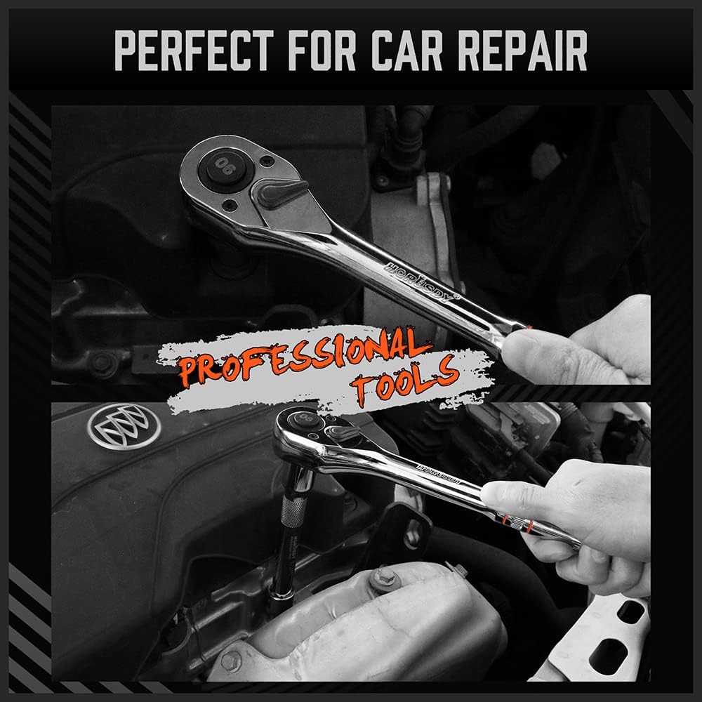 HORUSDY 6-piece ratchet and extension bar set with 90T quick release heads and tool roll storage