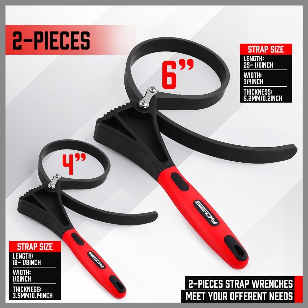2-Piece Strap Wrench Set with Reinforced Rubber for Maximum Grip, Adjustable Sizes