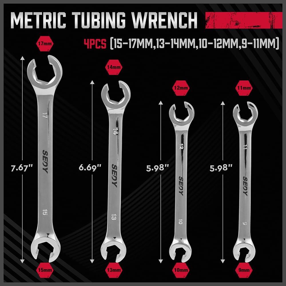 SEDY 4PCS Metric Tubing Wrench Set, double open end, 15° offset for tight spaces, CR-V steel, rust-resistant, ideal for plumbing and automotive use