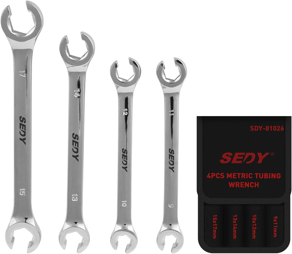 SEDY 4PCS Metric Tubing Wrench Set, double open end, 15° offset for tight spaces, CR-V steel, rust-resistant, ideal for plumbing and automotive use