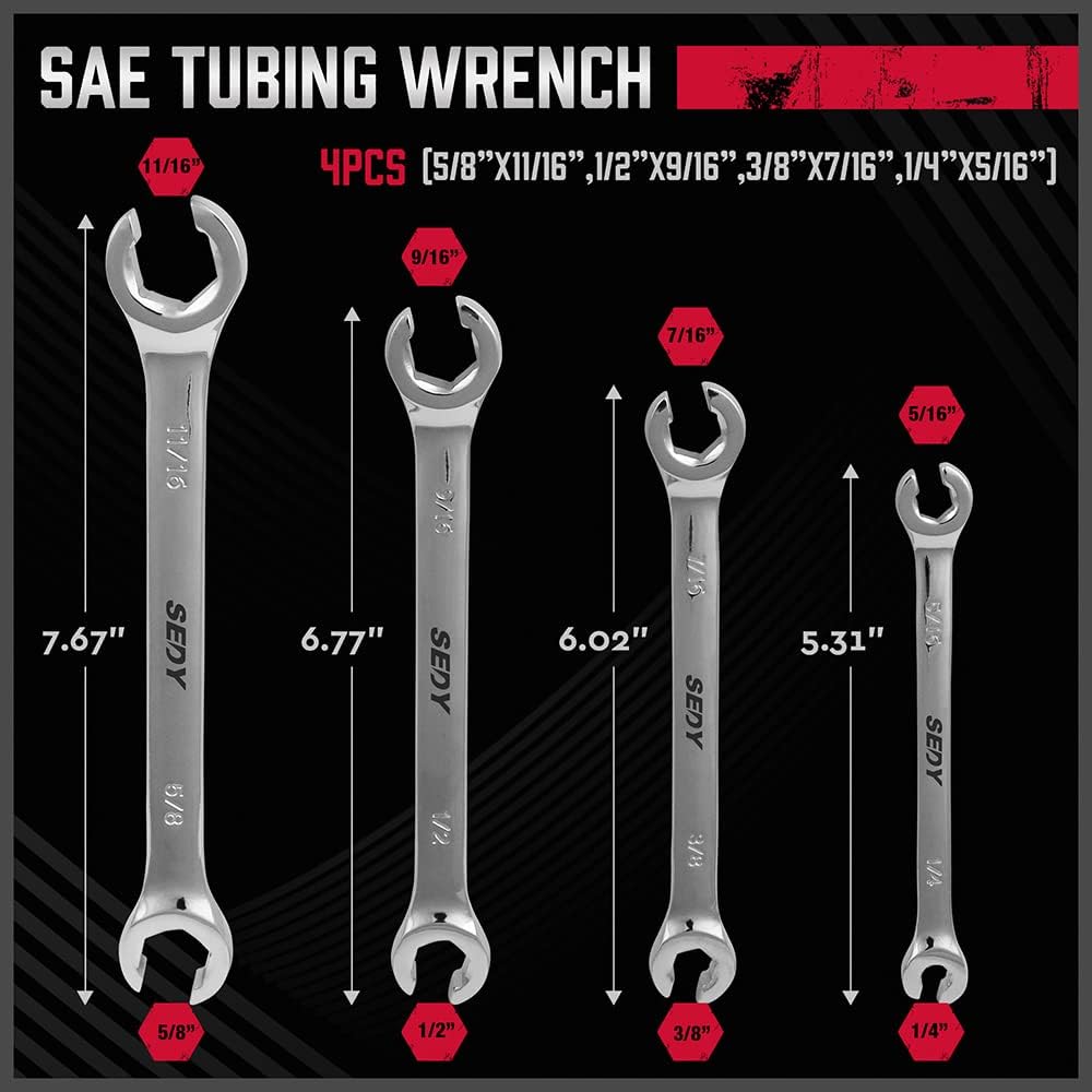 SEDY 4-Piece SAE Tubing Wrench Set - Featuring Durable CR-V Steel Construction and Ergonomic Handle for Easy Access