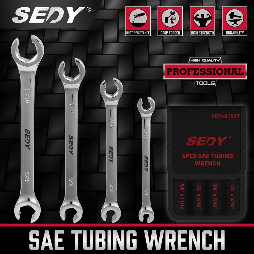 SEDY 4-Piece SAE Tubing Wrench Set - Featuring Durable CR-V Steel Construction and Ergonomic Handle for Easy Access