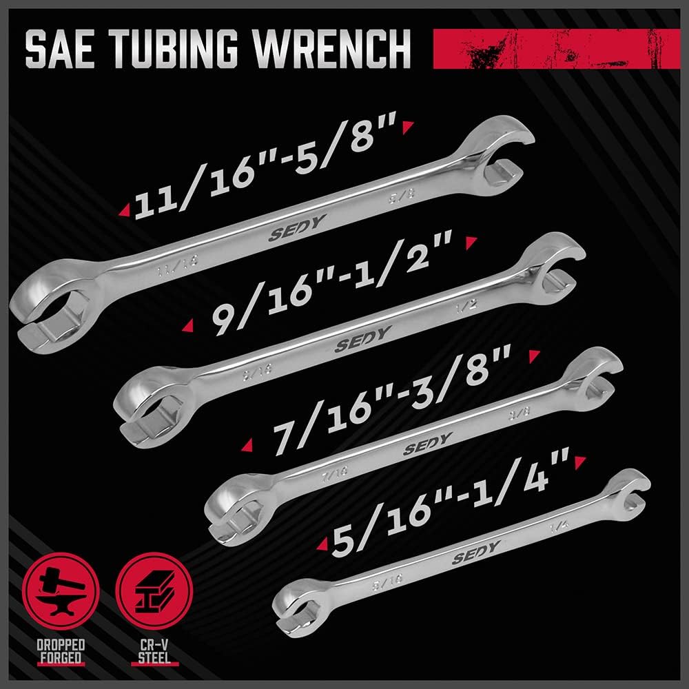 SEDY 4-Piece SAE Tubing Wrench Set - Featuring Durable CR-V Steel Construction and Ergonomic Handle for Easy Access