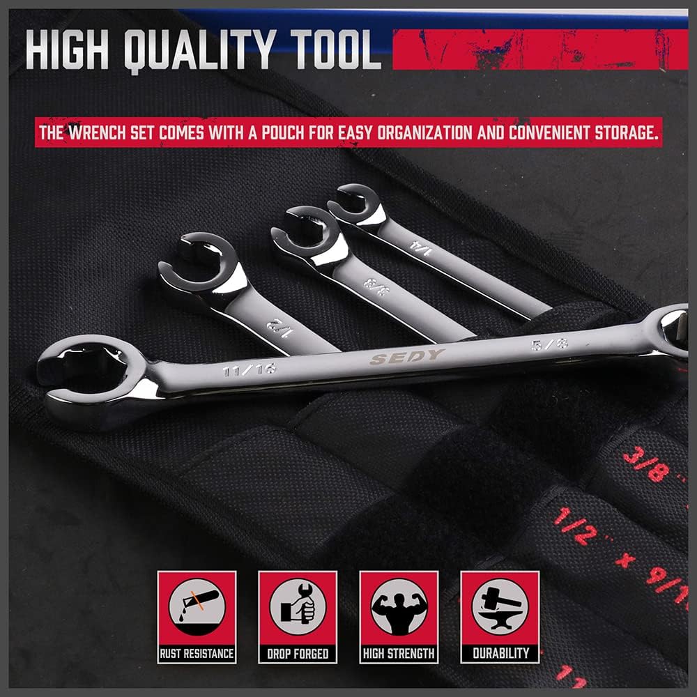 SEDY 4-Piece SAE Tubing Wrench Set - Featuring Durable CR-V Steel Construction and Ergonomic Handle for Easy Access