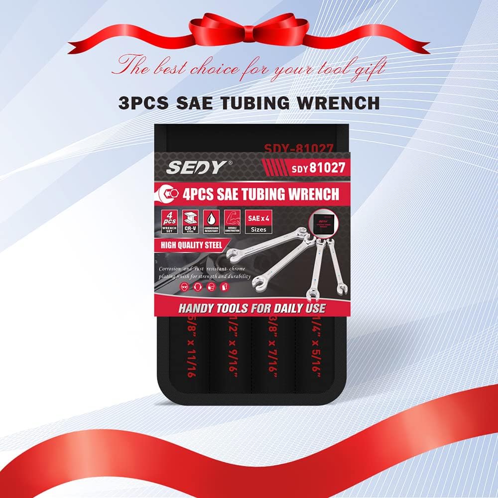 SEDY 4-Piece SAE Tubing Wrench Set - Featuring Durable CR-V Steel Construction and Ergonomic Handle for Easy Access