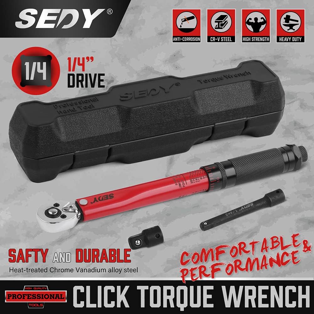 SEDY 1/4 inch drive click torque wrench with adjustable torque 20-200 in-lb, chrome vanadium ratchet handle, extension bar, reducer and durable storage case