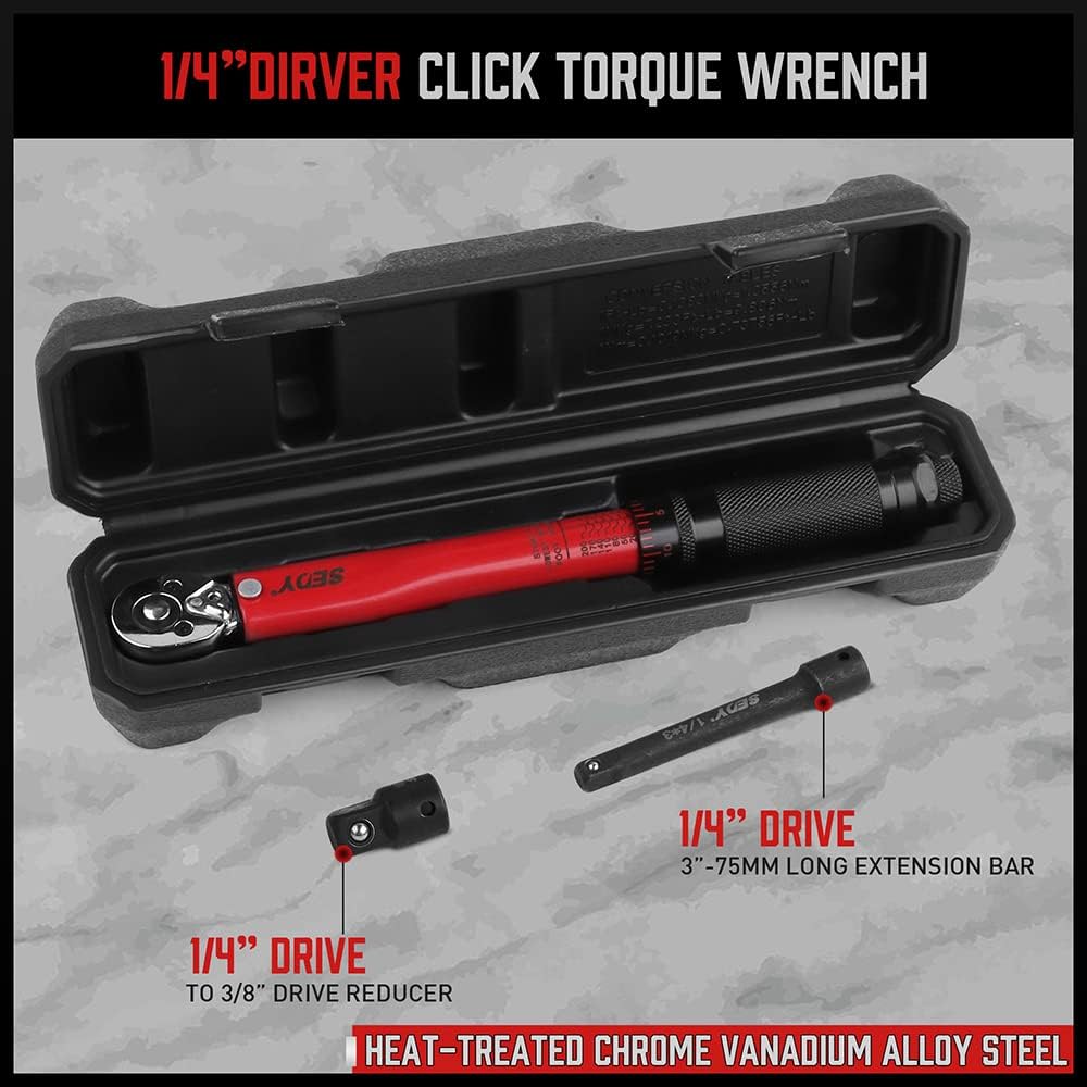 SEDY 1/4 inch drive click torque wrench with adjustable torque 20-200 in-lb, chrome vanadium ratchet handle, extension bar, reducer and durable storage case