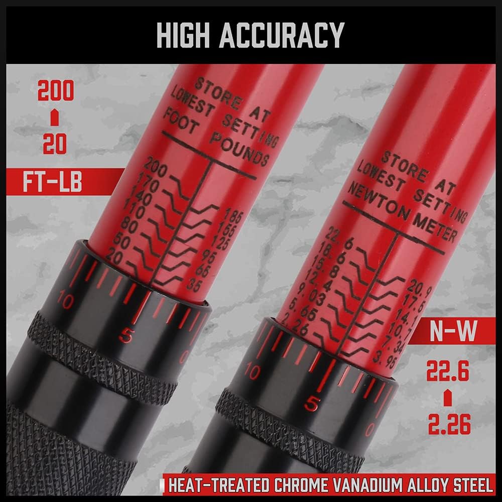 SEDY 1/4 inch drive click torque wrench with adjustable torque 20-200 in-lb, chrome vanadium ratchet handle, extension bar, reducer and durable storage case