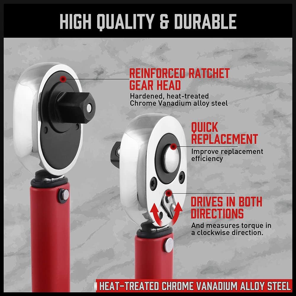 SEDY 1/4" Drive Click Torque Wrench, 20-200 in-lb Adjustable CR-V Ratchet Wrench with Extension Bar, Drive Reducer & Storage Case