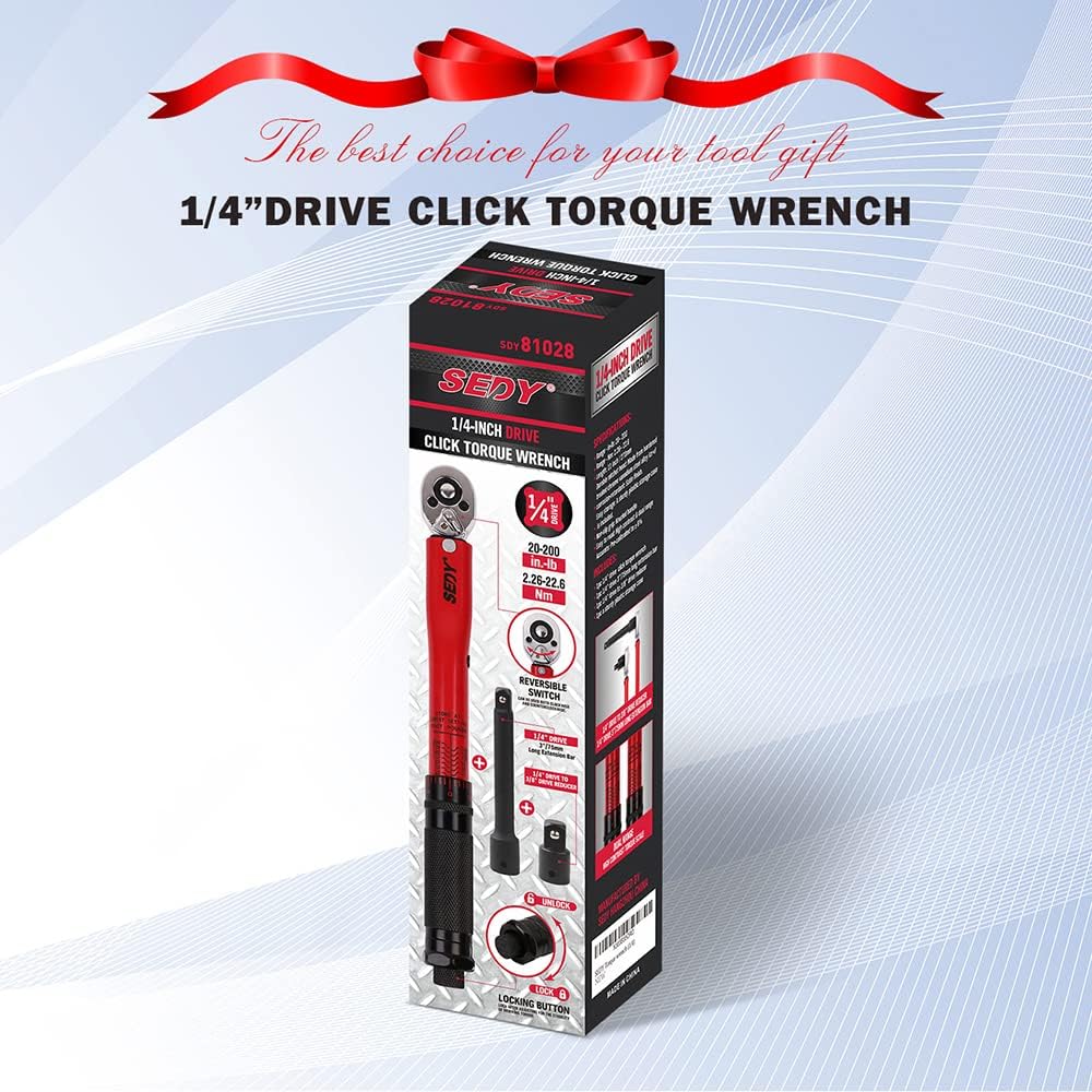 SEDY 1/4 inch drive click torque wrench with adjustable torque 20-200 in-lb, chrome vanadium ratchet handle, extension bar, reducer and durable storage case