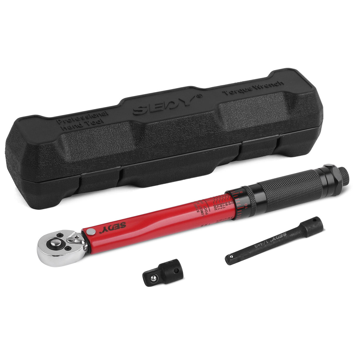SEDY 1/4 inch drive click torque wrench with adjustable torque 20-200 in-lb, chrome vanadium ratchet handle, extension bar, reducer and durable storage case