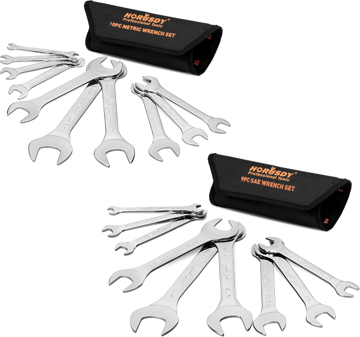 HORUSDY 19-piece SAE and Metric open-end wrench set with ultra-thin 3mm design, dual-size spanners, and two roll-up storage pouches