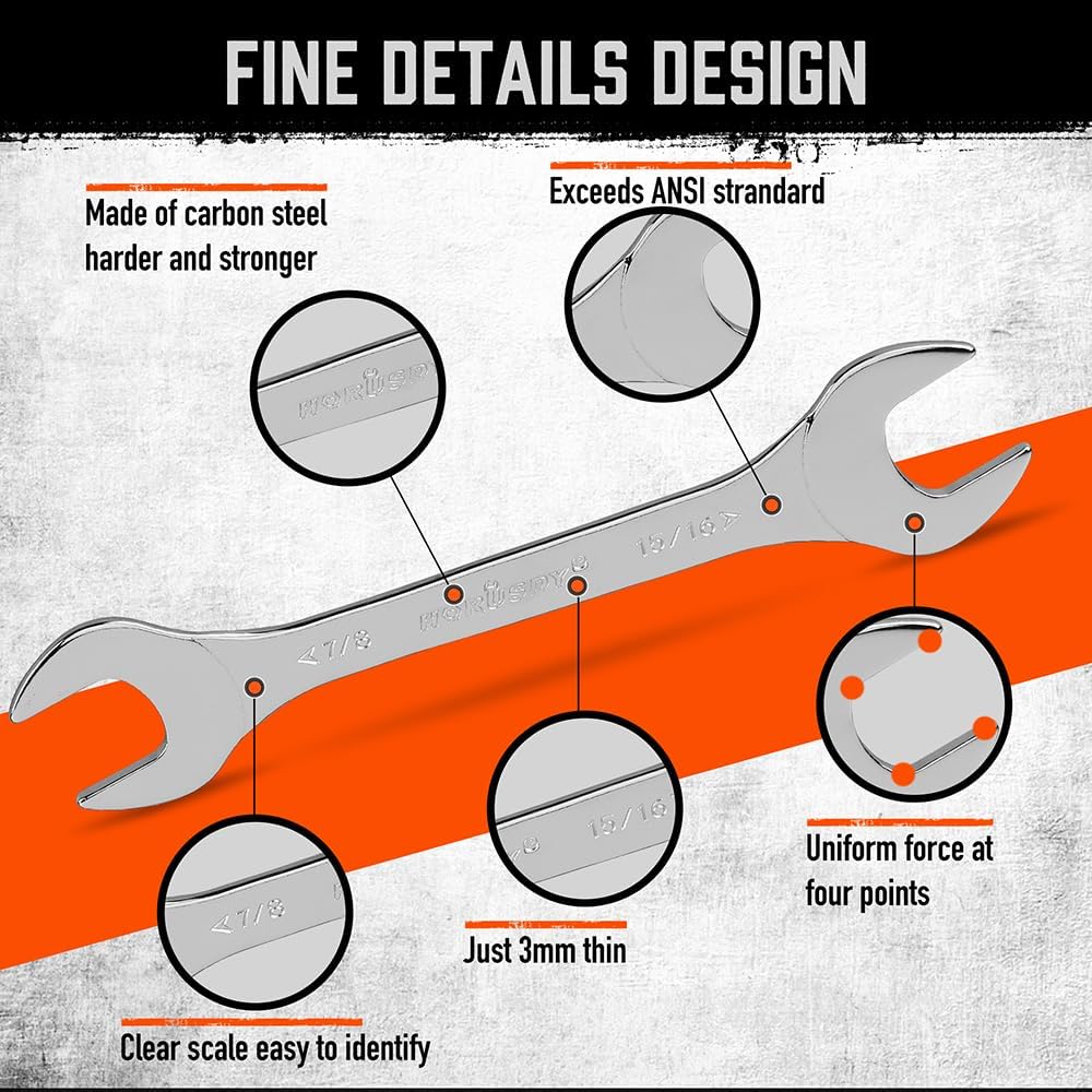 HORUSDY 19-piece SAE and Metric open-end wrench set with ultra-thin 3mm design, dual-size spanners, and two roll-up storage pouches