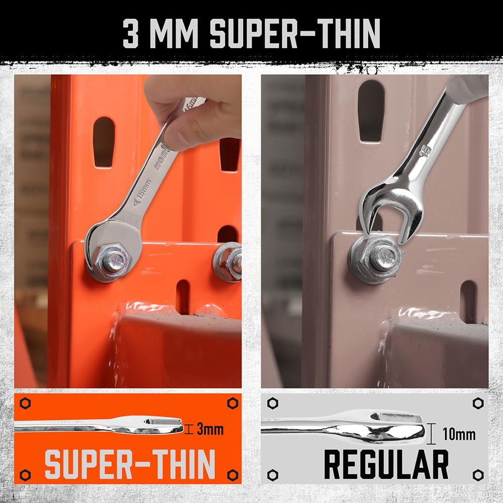 HORUSDY 19-piece SAE and Metric open-end wrench set with ultra-thin 3mm design, dual-size spanners, and two roll-up storage pouches