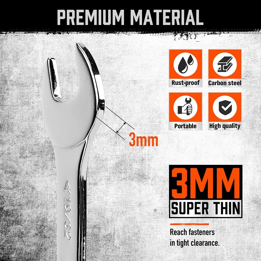 HORUSDY 19-piece SAE and Metric open-end wrench set with ultra-thin 3mm design, dual-size spanners, and two roll-up storage pouches