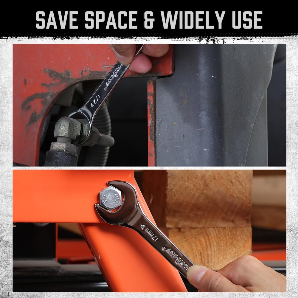 HORUSDY 19-piece SAE and Metric open-end wrench set with ultra-thin 3mm design, dual-size spanners, and two roll-up storage pouches