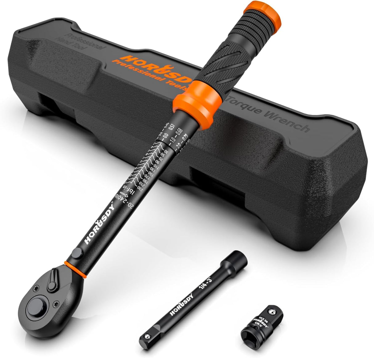 HORUSDY 1/4 inch torque wrench set with dual scale in-lb/Nm, extension bar, and adapter, calibrated for precision in automotive and bicycle repair