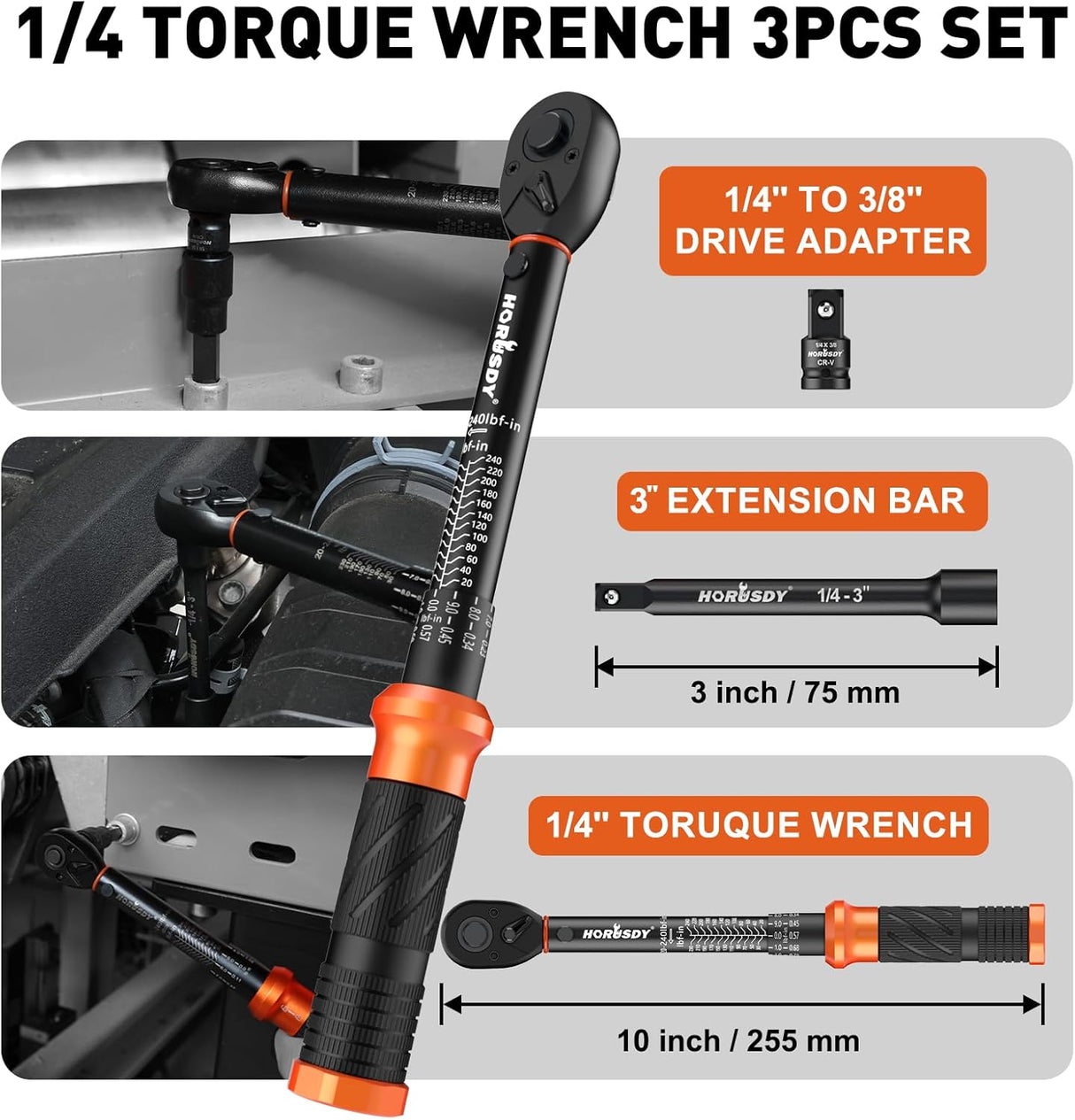 HORUSDY 1/4" Torque Wrench Set, 20–240 in-lb, ±3% Accuracy, 3-Piece Kit