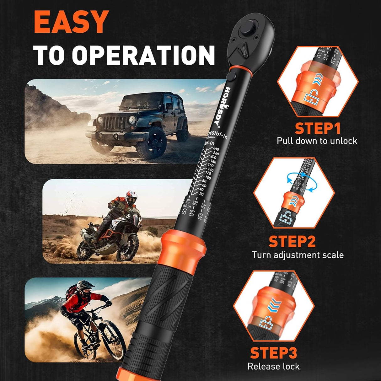 HORUSDY 1/4 inch torque wrench set with dual scale in-lb/Nm, extension bar, and adapter, calibrated for precision in automotive and bicycle repair