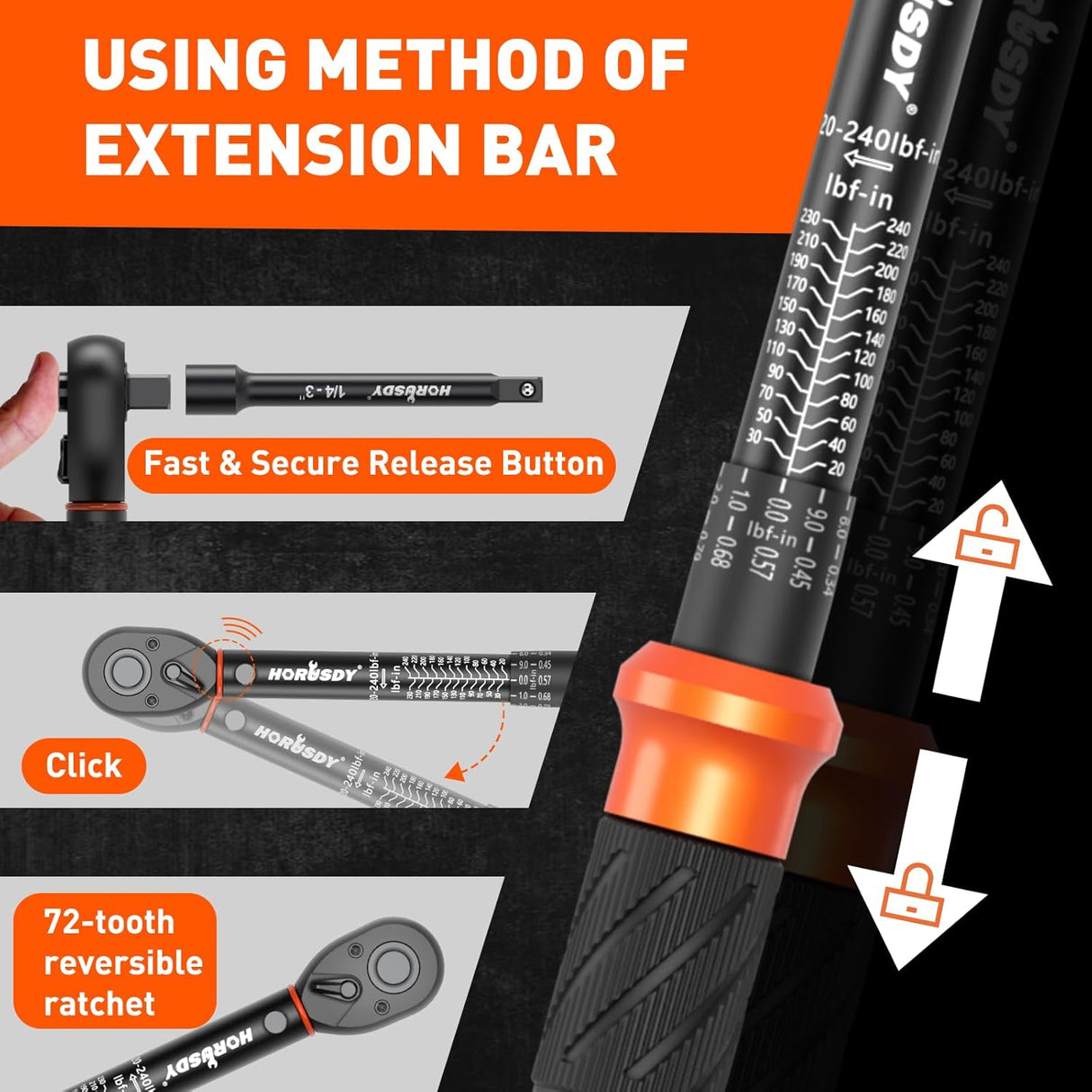 HORUSDY 1/4 inch torque wrench set with dual scale in-lb/Nm, extension bar, and adapter, calibrated for precision in automotive and bicycle repair