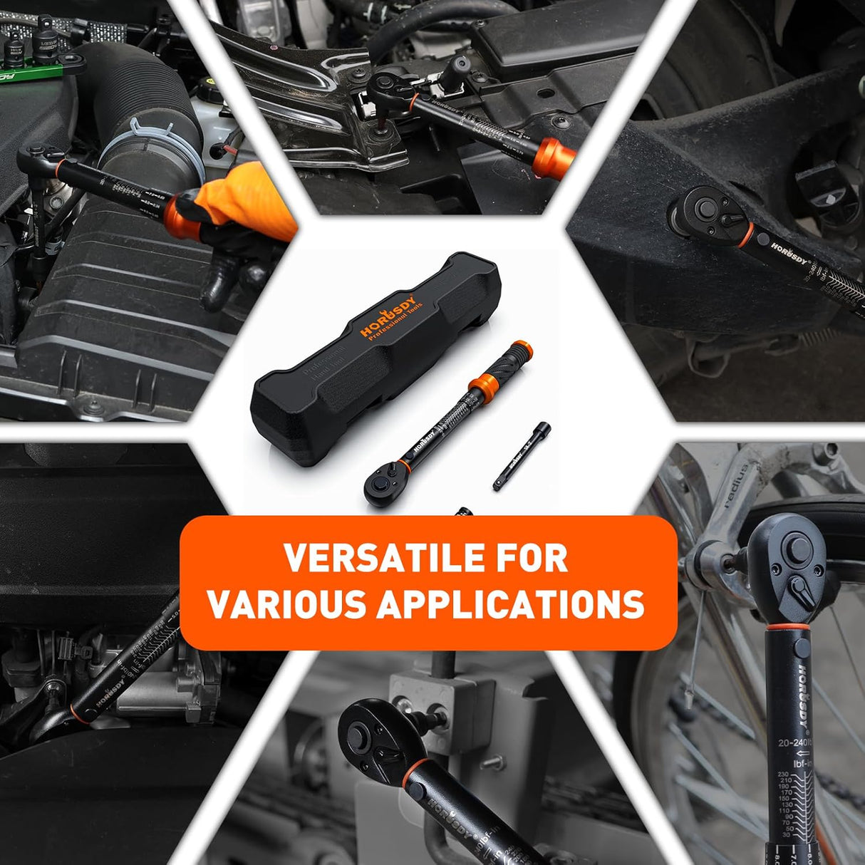 HORUSDY 1/4 inch torque wrench set with dual scale in-lb/Nm, extension bar, and adapter, calibrated for precision in automotive and bicycle repair