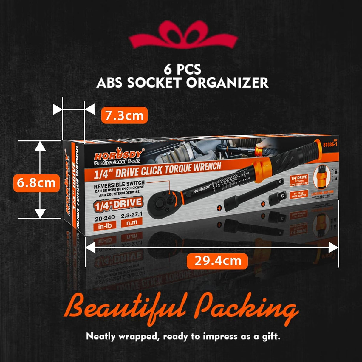 HORUSDY 1/4 inch torque wrench set with dual scale in-lb/Nm, extension bar, and adapter, calibrated for precision in automotive and bicycle repair