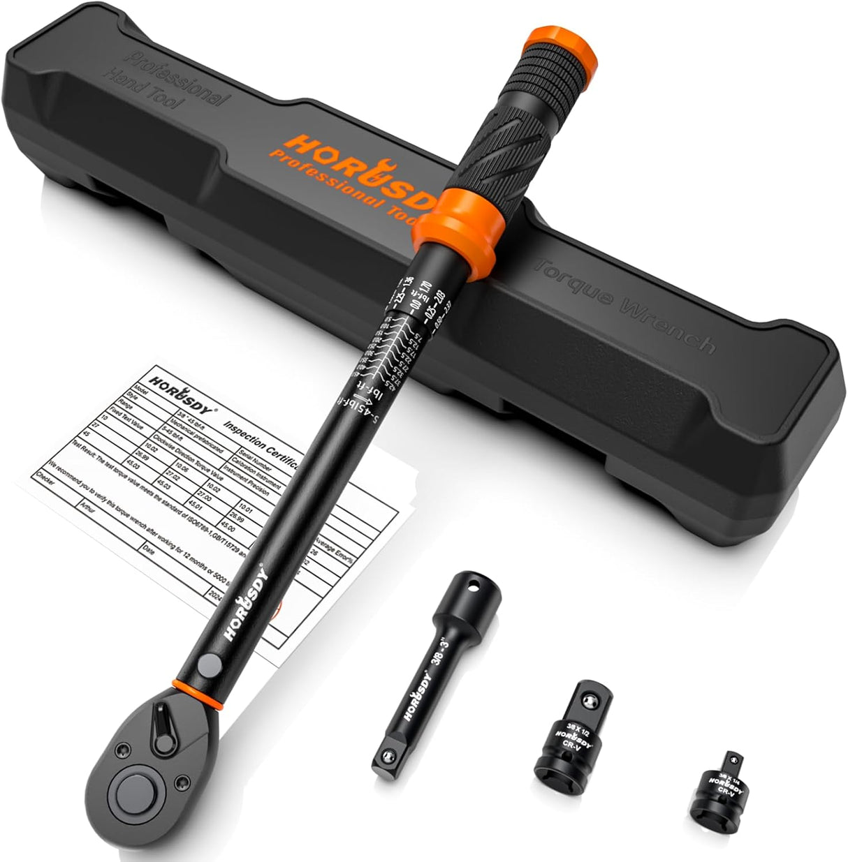 HORUSDY 3/8 inch torque wrench set with dual scale, adapters, and extension bar in case, calibrated for precision and auto repair applications