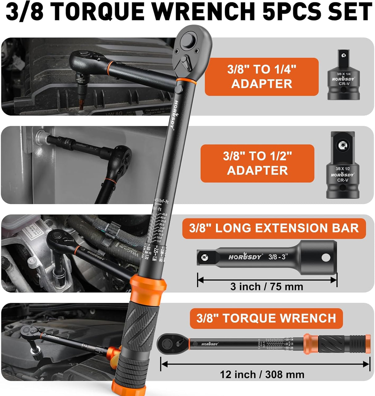 HORUSDY 3/8 inch torque wrench set with dual scale, adapters, and extension bar in case, calibrated for precision and auto repair applications