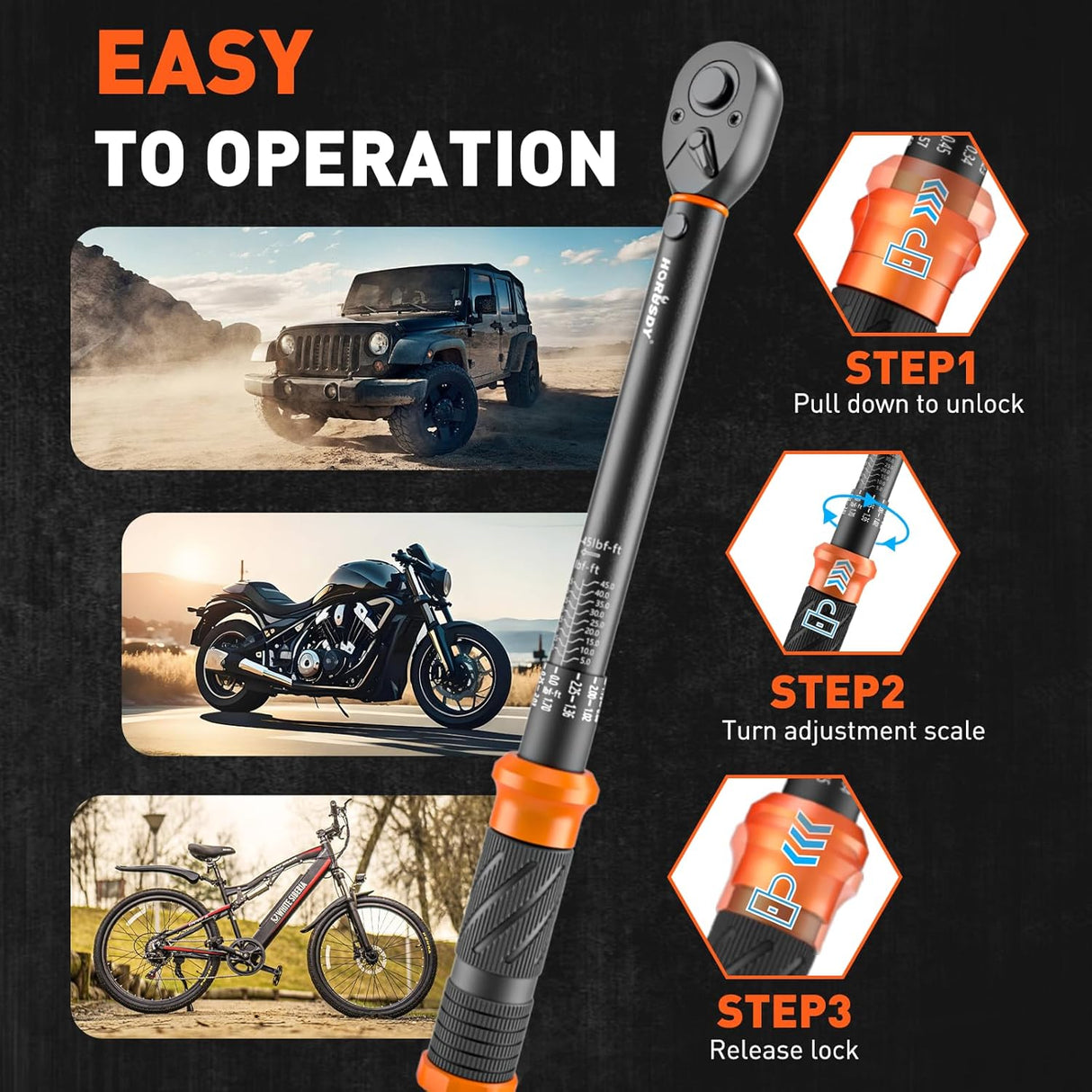 HORUSDY 3/8 inch torque wrench set with dual scale, adapters, and extension bar in case, calibrated for precision and auto repair applications