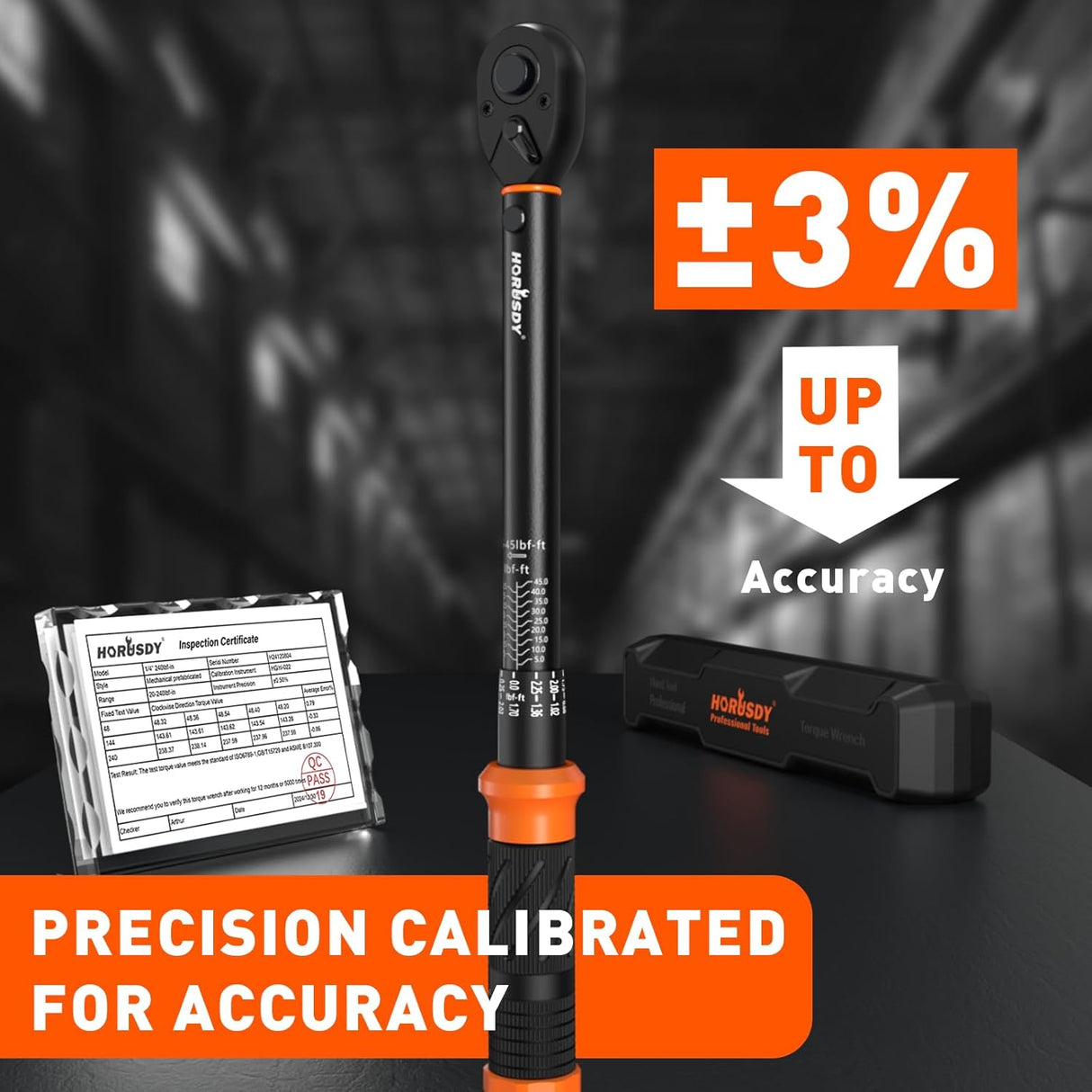 HORUSDY 3/8 inch torque wrench set with dual scale, adapters, and extension bar in case, calibrated for precision and auto repair applications