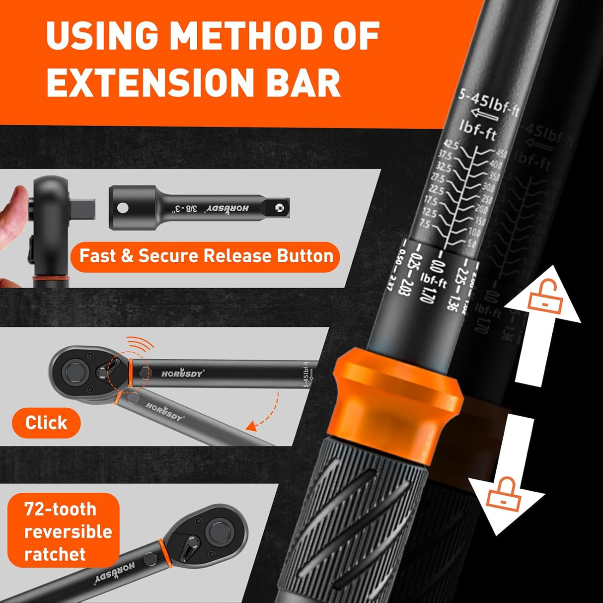 HORUSDY 3/8 inch torque wrench set with dual scale, adapters, and extension bar in case, calibrated for precision and auto repair applications
