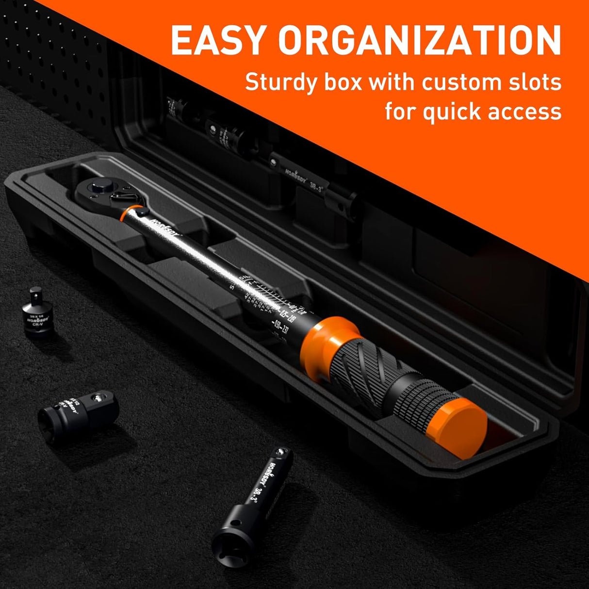HORUSDY 3/8 inch torque wrench set with dual scale, adapters, and extension bar in case, calibrated for precision and auto repair applications