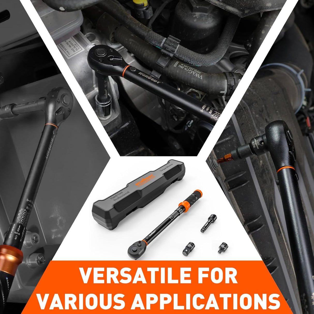 HORUSDY 3/8 inch torque wrench set with dual scale, adapters, and extension bar in case, calibrated for precision and auto repair applications