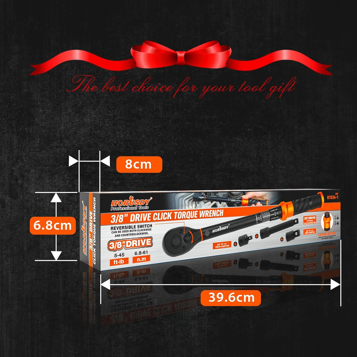 HORUSDY 3/8 inch torque wrench set with dual scale, adapters, and extension bar in case, calibrated for precision and auto repair applications