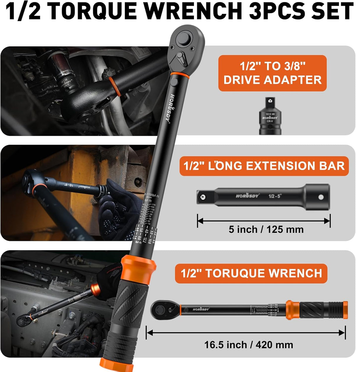 HORUSDY 1/2 inch drive torque wrench set with dual scale, extension bar, and adapter in carrying case, suitable for automotive and mechanical use