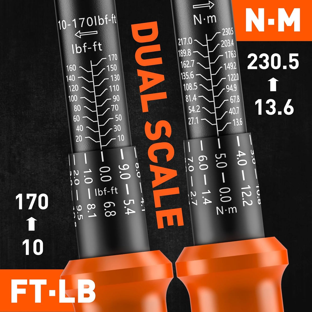 HORUSDY 1/2 inch drive torque wrench set with dual scale, extension bar, and adapter in carrying case, suitable for automotive and mechanical use