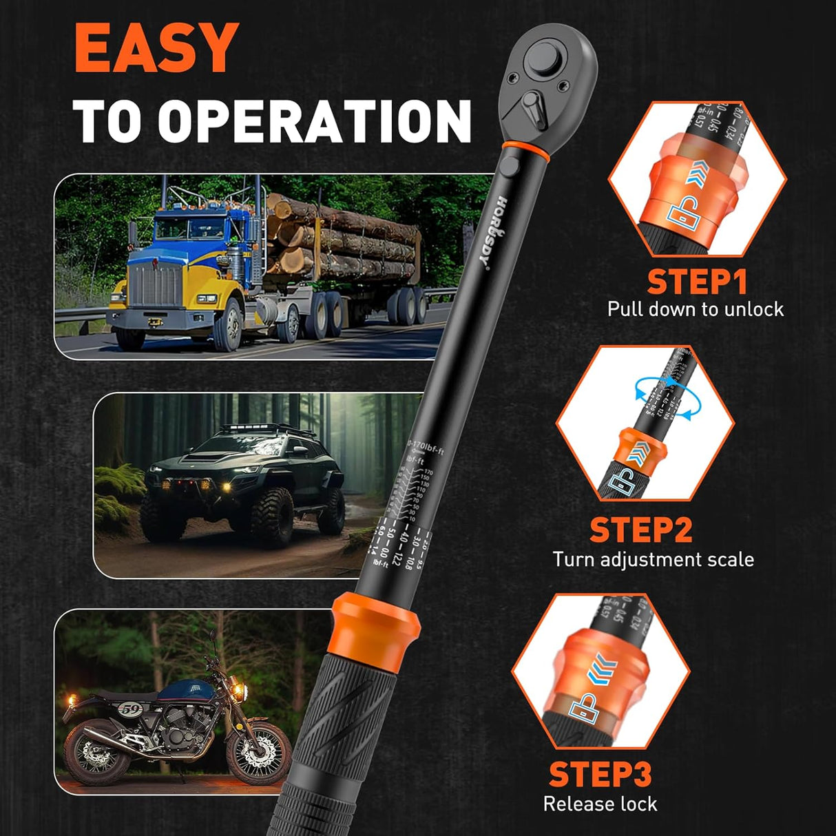 HORUSDY 1/2 inch drive torque wrench set with dual scale, extension bar, and adapter in carrying case, suitable for automotive and mechanical use
