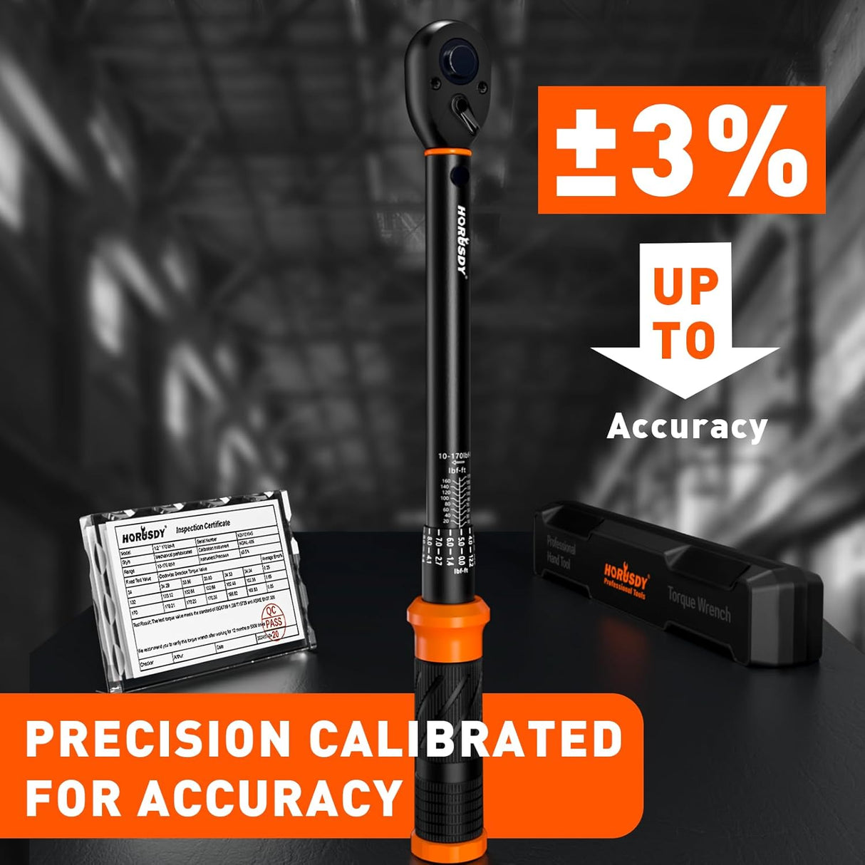 HORUSDY 1/2 inch drive torque wrench set with dual scale, extension bar, and adapter in carrying case, suitable for automotive and mechanical use