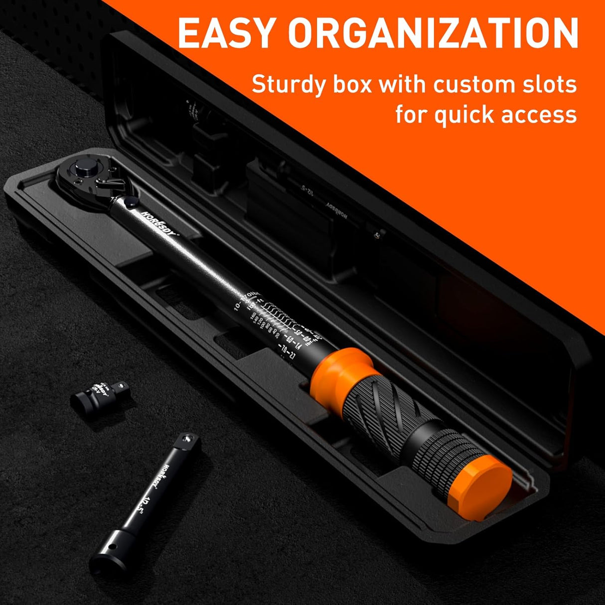 HORUSDY 1/2 inch drive torque wrench set with dual scale, extension bar, and adapter in carrying case, suitable for automotive and mechanical use