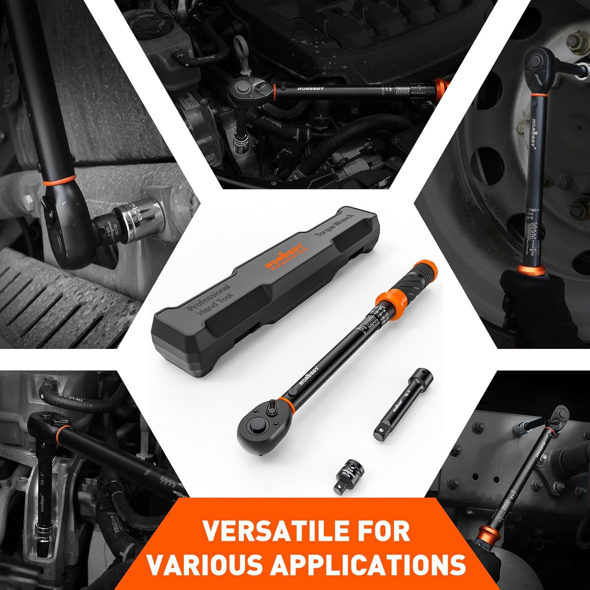 HORUSDY 1/2 inch drive torque wrench set with dual scale, extension bar, and adapter in carrying case, suitable for automotive and mechanical use