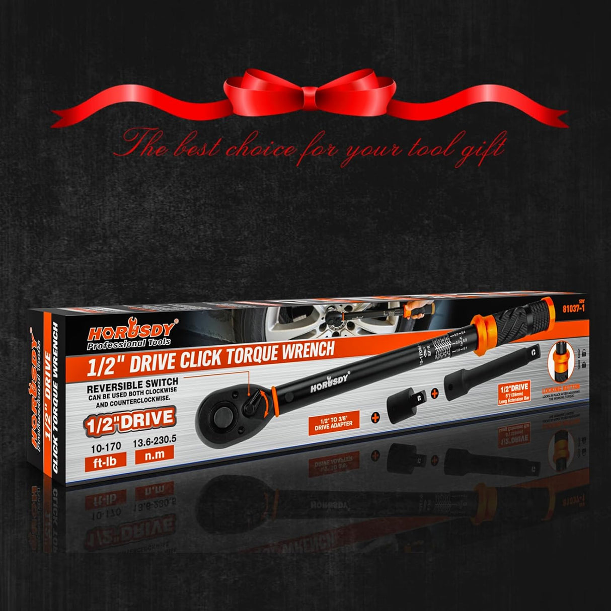 HORUSDY 1/2 inch drive torque wrench set with dual scale, extension bar, and adapter in carrying case, suitable for automotive and mechanical use