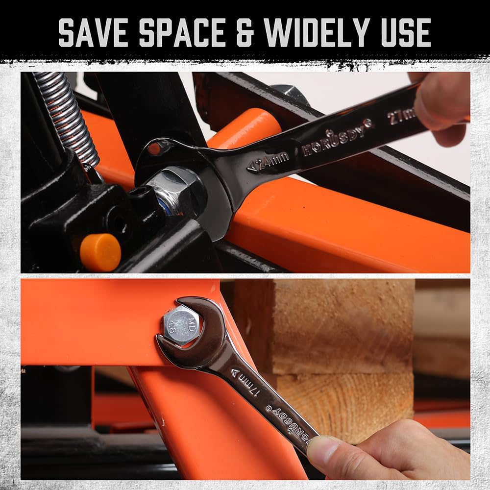 HORUSDY 10-piece super-thin open-end wrench set with dual-size metric spanners and roll-up storage pouch for tight spaces